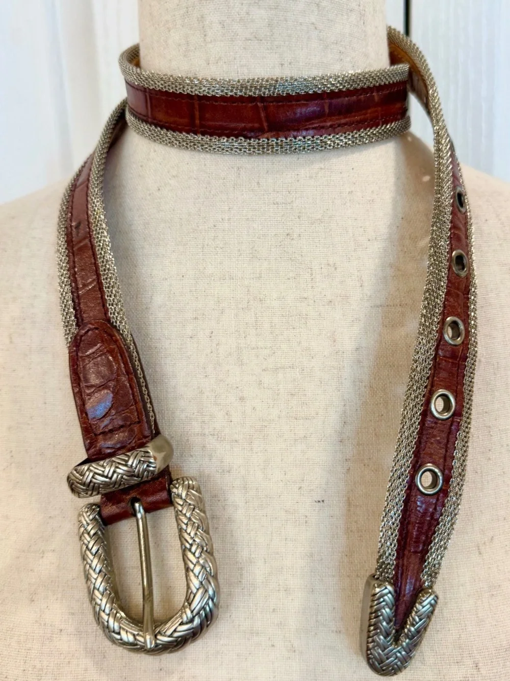 Vintage, Woman's Size Med *High End* Belt, Leather Mock-Croc & Sliver Mesh
